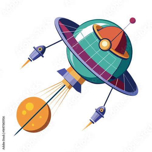 Photo of a retrostyle flying saucer spaceship with glowing engines, approaching a planet, isolated on white background