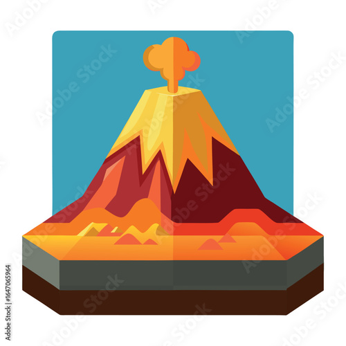 Photo of stylized illustration of a volcano erupting with lava and smoke, isolated on white background