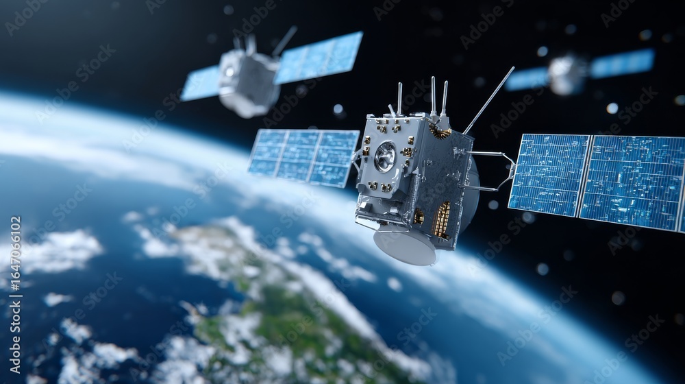 Obraz premium Spacecraft releasing satellite in orbit digital art outer space high-resolution aerial view realistic depiction for space exploration