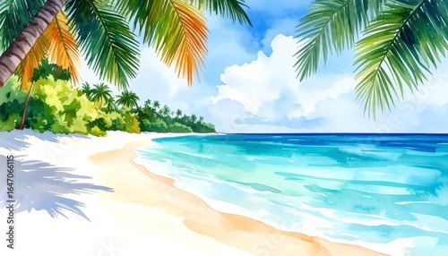 A serene watercolor painting of a tropical beach with turquoise water, a sandy shoreline, and lush palm trees, creating a peaceful and picturesque vacation scene