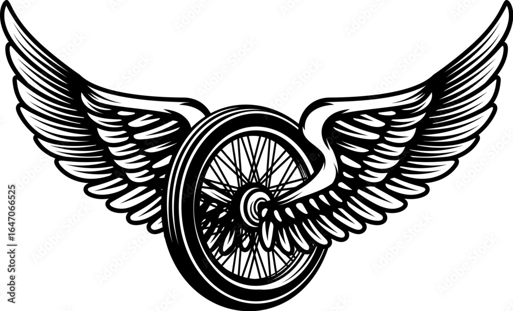 Obraz premium Motorcycle wheel with wings isolated on white background. Design elements for logo, label, emblem,sign. Vector illustration