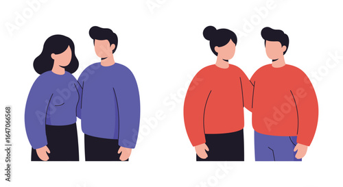 Two couples standing together wearing sweaters in a flat vector illustration