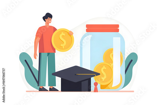 College Savings Strategy A person saves money in a jar for education, shown with coins and a graduation cap. Flat design illustration