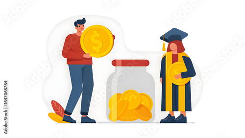 College Savings Strategy A man and a graduate place coins into a jar, symbolizing saving money for education or college funds. Flat design illustration