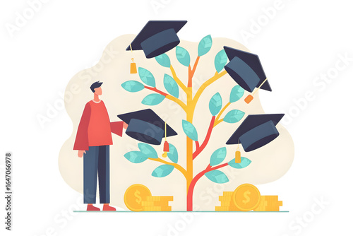 College Savings Strategy A person stands by a money tree with graduation caps, symbolizing educational investment and financial growth. Flat design illustration