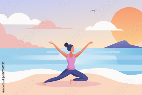 Serene yoga pose on beach at sunrise, woman finds inner peace in nature, wellness and mindfulness practice