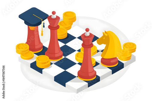 College Savings Strategy Chess pieces and coins on a board, symbolizing strategy, finance, and education. Flat design illustration