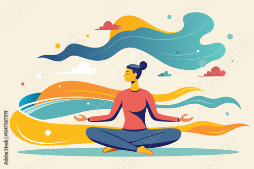 Find inner peace meditating woman in lotus position with abstract nature elements around her graphic