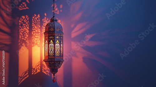 Photorealistic Arabic-style lantern casting warm glow and shadows on wall against blue and purple background with text space.