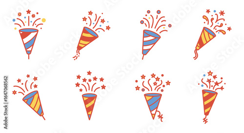 Hand Drawn Party Poppers with Confetti and Streamers for Celebrations