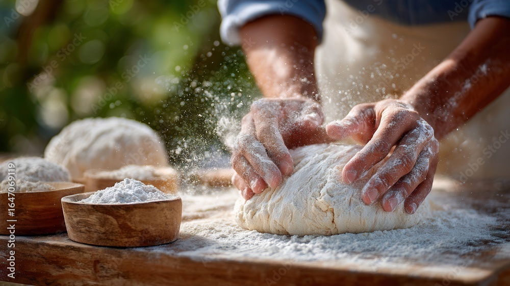 Fototapeta premium Baker kneading dough on a wooden the flour flying in board, air, creating a dynamic scene of culinary creation