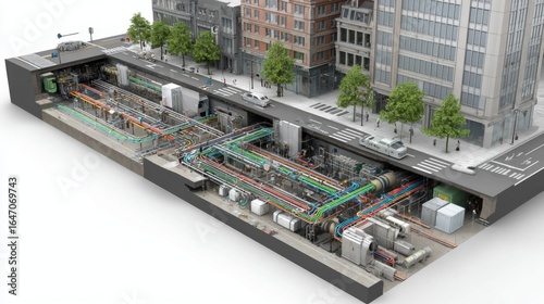 Underground Infrastructure Layout with Colorful Piping and Equipment for Municipal Utility Systems in Urban Environment