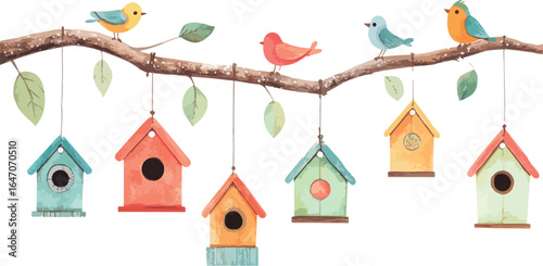 A charming, handmade wooden birdhouse with a roof provides a cozy home for a small bird on a tree branch