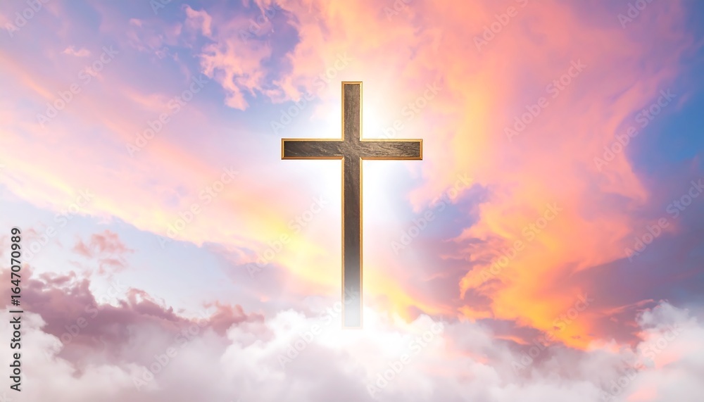 Wooden Cross Emerging from Clouds at Sunset Wooden Cross Emerging from Clouds at Sunset