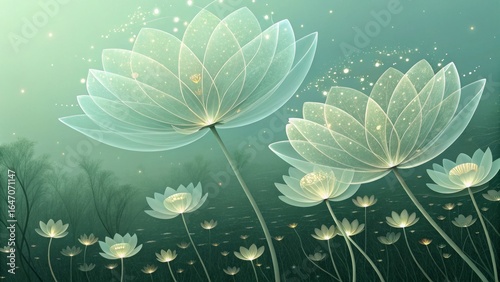 Abstract digital art depicting translucent floral forms in soft sage, olive, and mint green gradients, with luminous dots and a blurred vertical gradient background