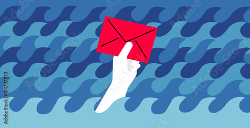 Hand holding letter against sea wave, emergency news illustration