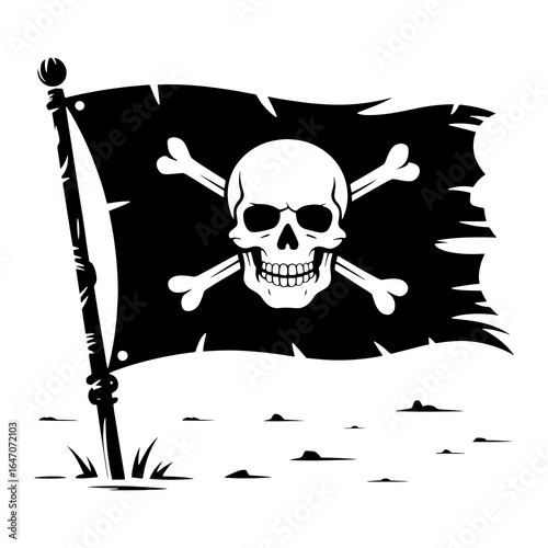 Black and white pirate flag with skull and crossbones on a pole vector