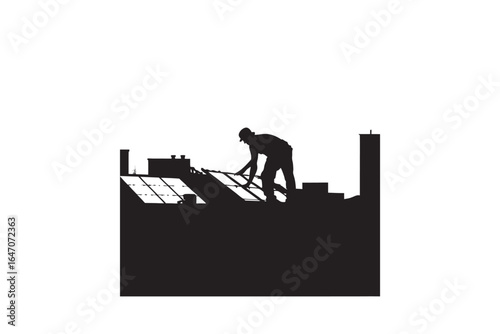 Man working on a rooftop installing solar panels against a bright sky silhouette