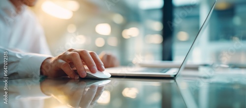 A person's hand uses a computer mouse near an open laptop, bright office lighting