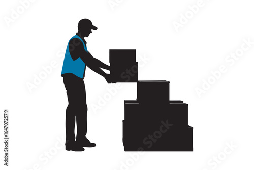 Delivery person in uniform wearing a cap stacking cardboard boxes with care and precision silhouette