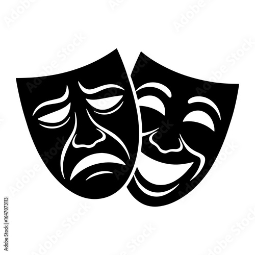Black tragedy comedy masks with white accents theater masks drama