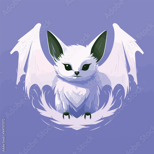 A white cat with striking black wings stands out against a vibrant purple background. The cat appears curious, tilting its head slightly, showcasing its unique features.
