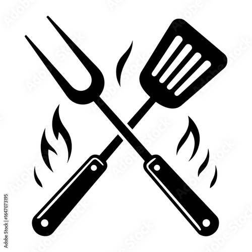 Crossed barbecue spatula and fork with flames grill cooking
