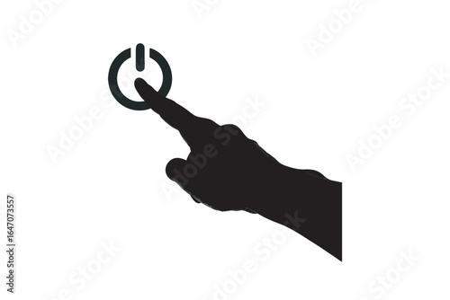 Close up of a human hand silhouette pressing the power button on a device in a minimalist style silhouette