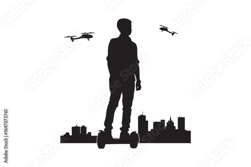 Young man riding a futuristic personal transporter with drones flying above a city skyline silhouette