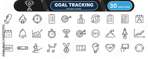 Goal Tracking and Habit Streak Line Icon Set for Productivity, Personal Development and Daily Routine Apps
