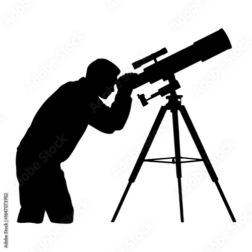 Silhouette of person looking through telescope tripod