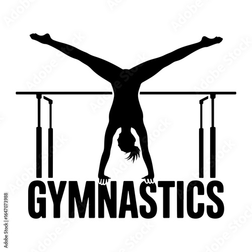 Silhouette of gymnast performing on parallel bars with text gymnastics sport