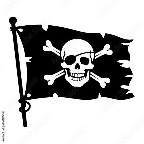 Tattered pirate flag with skull and crossbones black and white