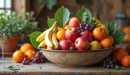Colorful Fruit Bowl on Rustic Wooden Table
