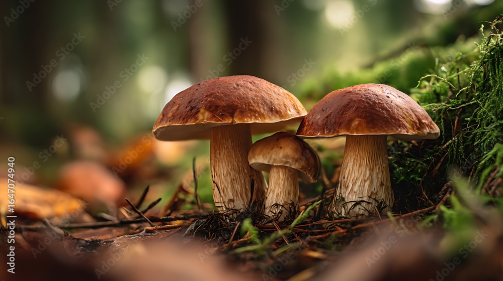 Three Brown Boletus Edulis Mushrooms Growing in a Forest Setting Three Brown Boletus Edulis Mushrooms Growing in a Forest Setting