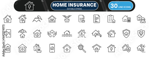 Home Insurance Essentials Line Icon Set for Property Protection, Risk Management and Family Safety Apps