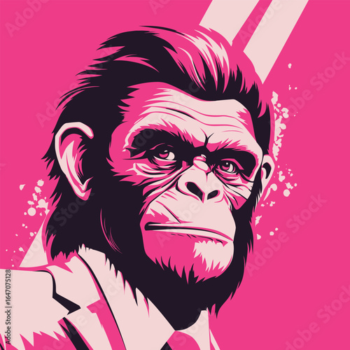 A monkey dressed in a professional suit and tie stands against a vibrant pink background. The monkey appears to be posing for a formal portrait, looking directly at the viewer with a serious expressio