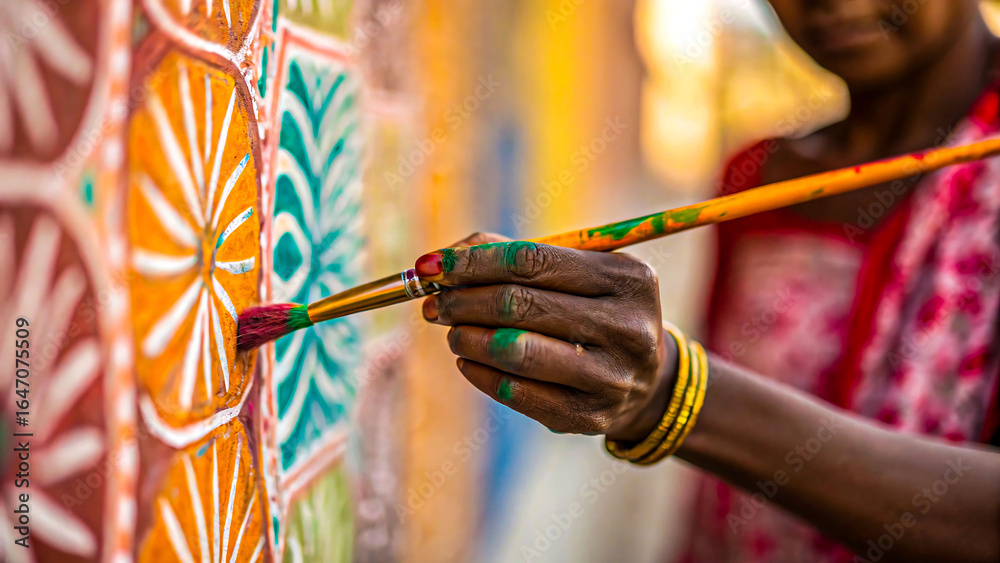 Obraz premium Artisan hand painting vibrant traditional patterns with brush, cultural heritage and artistry