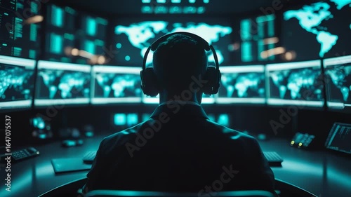 Silhouette of Person with Headphones Monitoring Multiple Screens Showing Global Maps in Dark Control Room