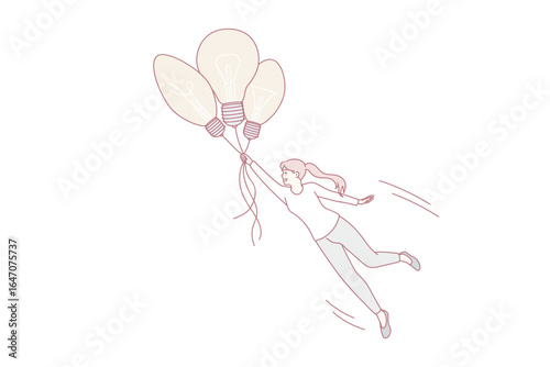 Motivated woman flying in sky on lightbulbs. Creative ideas and problem solution. Vector illustration.