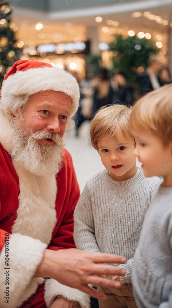 Obraz premium Girl and Santa Claus reading Christmas book sitting near Christmas tree at home. Happy New Year