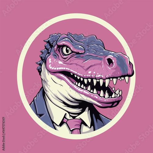 A dinosaur dressed in a formal business suit and tie, standing upright and looking distinguished. The prehistoric creature appears to be blending into a modern human setting.