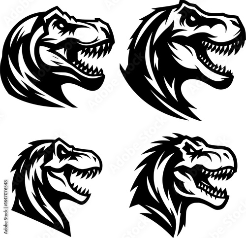 Set of four black and white vector of T. rex profile in bold line art, solid black on white, high contrast, minimal detail, aggressive pose, esports and gaming logo style.