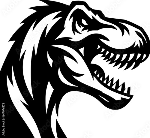 Black and white vector of a T. rex profile in bold line art, solid black on white, high contrast, minimal detail, aggressive pose, esports and gaming logo style.