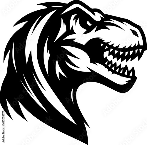 Black and white vector of a T. rex profile in bold line art, solid black on white, high contrast, minimal detail, aggressive pose, esports and gaming logo style.