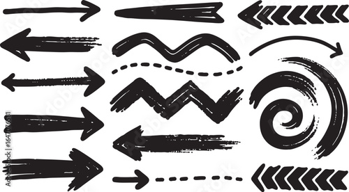 Collection of hand drawn black arrows and pointers isolated on white background
