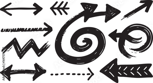 Collection of hand drawn black arrows and pointers isolated on white background