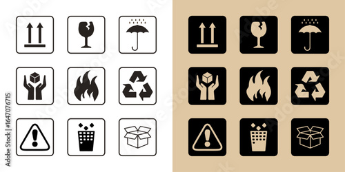 Cardboard packaging icon set, Collection of common shipping and handling symbols for fragile goods and package care instructions