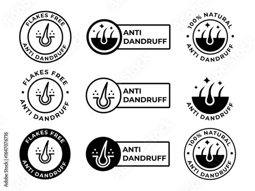 Antidandruff labels shampoo hair care vector signs, Collection of vintage style round and rectangular labels featuring anti dandruff hair care icons and text