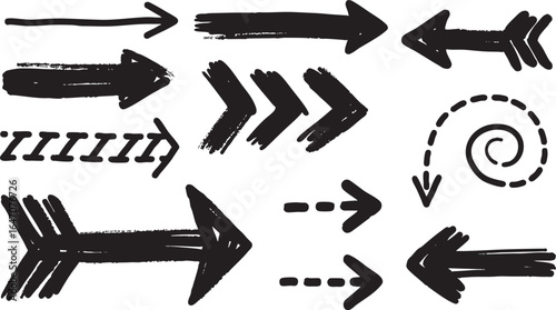 Collection of hand drawn black arrows and pointers isolated on white background
